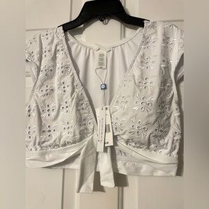 Bleu By Rod Beattie Woman’s White Eyelet Bikini Set Size 12 New Deep V Tie Beach